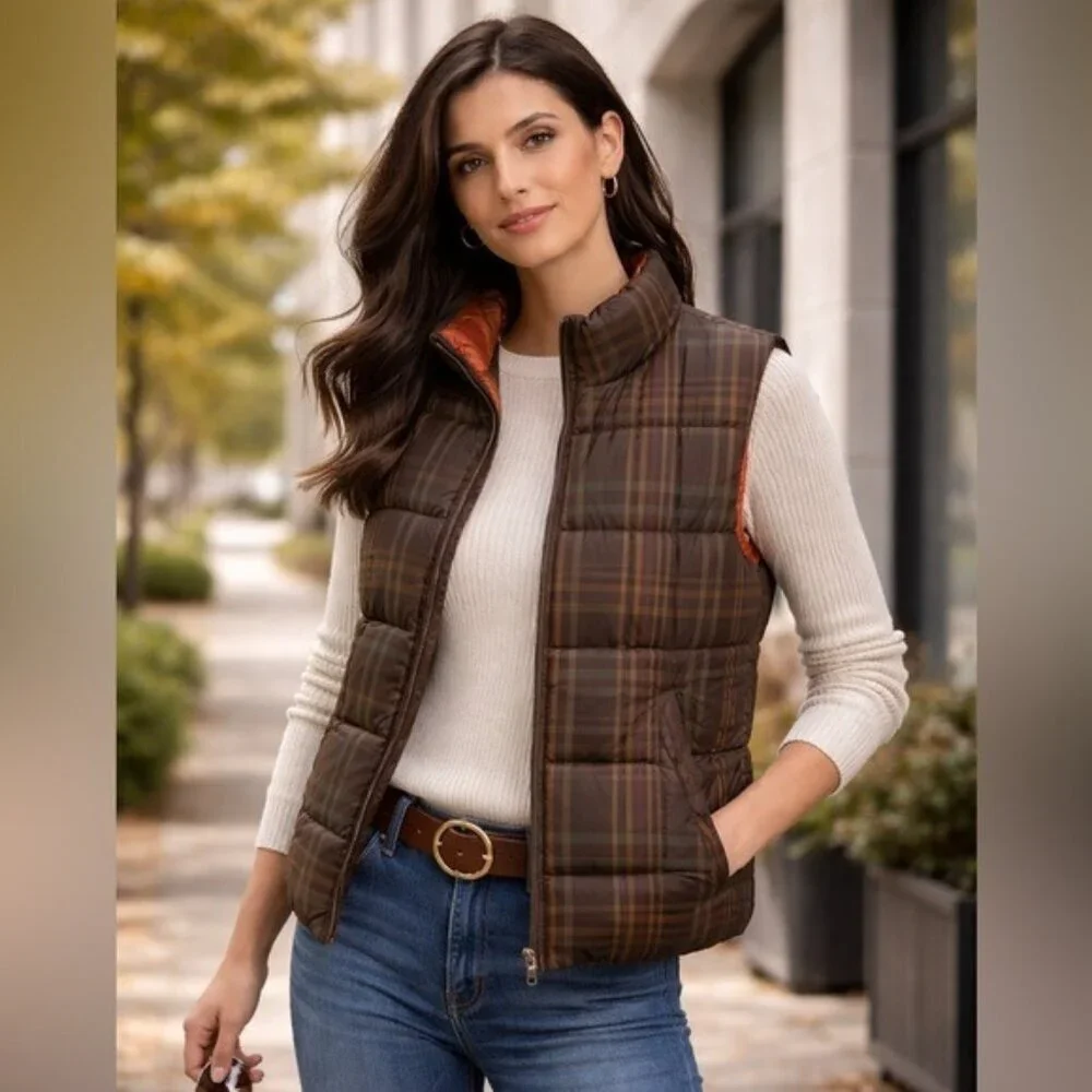 Ralph Lauren Reversible Puffer Vest Jacket Orange Brown Check Medium Cabincore
